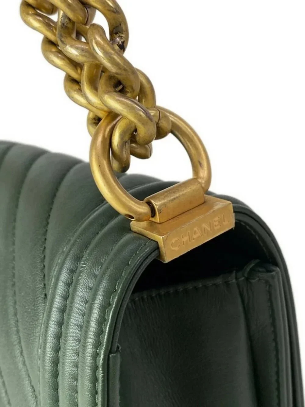 CHANEL Boy Chanel /Matelasse Dark Green Leather Shoulder Bag gold hardware